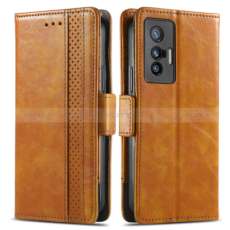 Funda de Cuero Cartera con Soporte Carcasa S02D para Vivo X70 5G Marron Claro