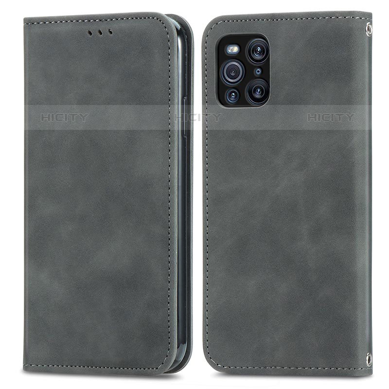 Funda de Cuero Cartera con Soporte Carcasa S04D para Oppo Find X3 Pro 5G Gris