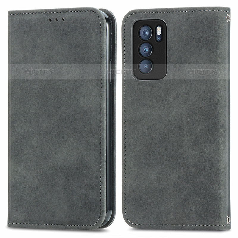 Funda de Cuero Cartera con Soporte Carcasa S04D para Oppo Reno6 Pro 5G India Gris