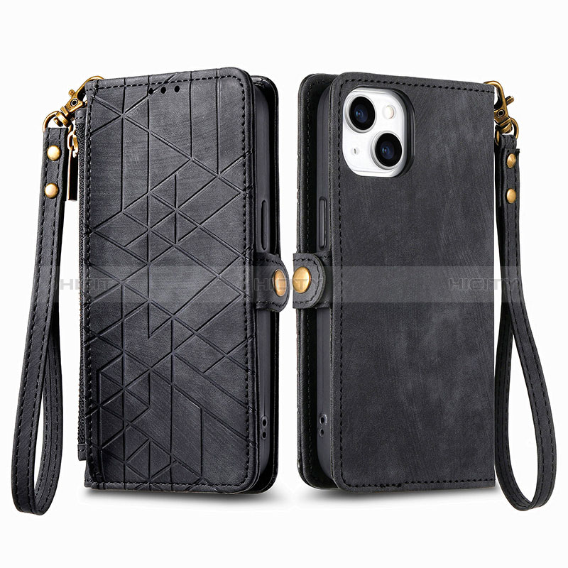 Funda de Cuero Cartera con Soporte Carcasa S05D para Apple iPhone 13 Negro