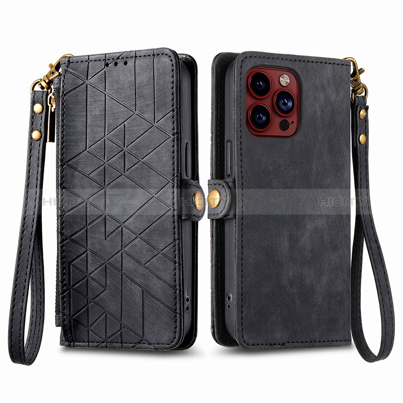 Funda de Cuero Cartera con Soporte Carcasa S05D para Apple iPhone 13 Pro Max Negro