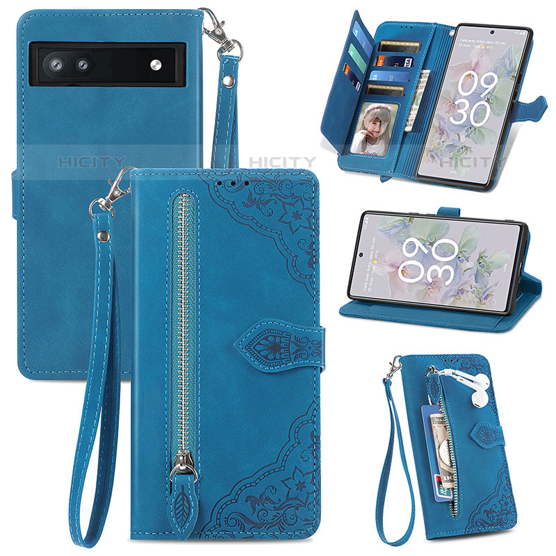 Funda de Cuero Cartera con Soporte Carcasa S06D para Google Pixel 6a 5G Azul