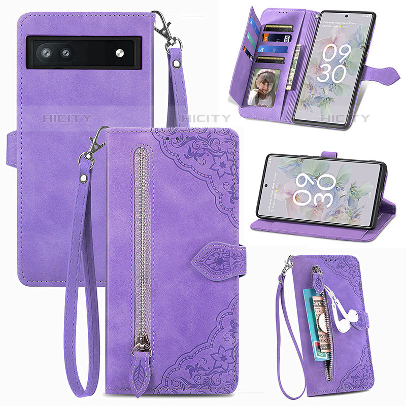 Funda de Cuero Cartera con Soporte Carcasa S06D para Google Pixel 6a 5G Morado