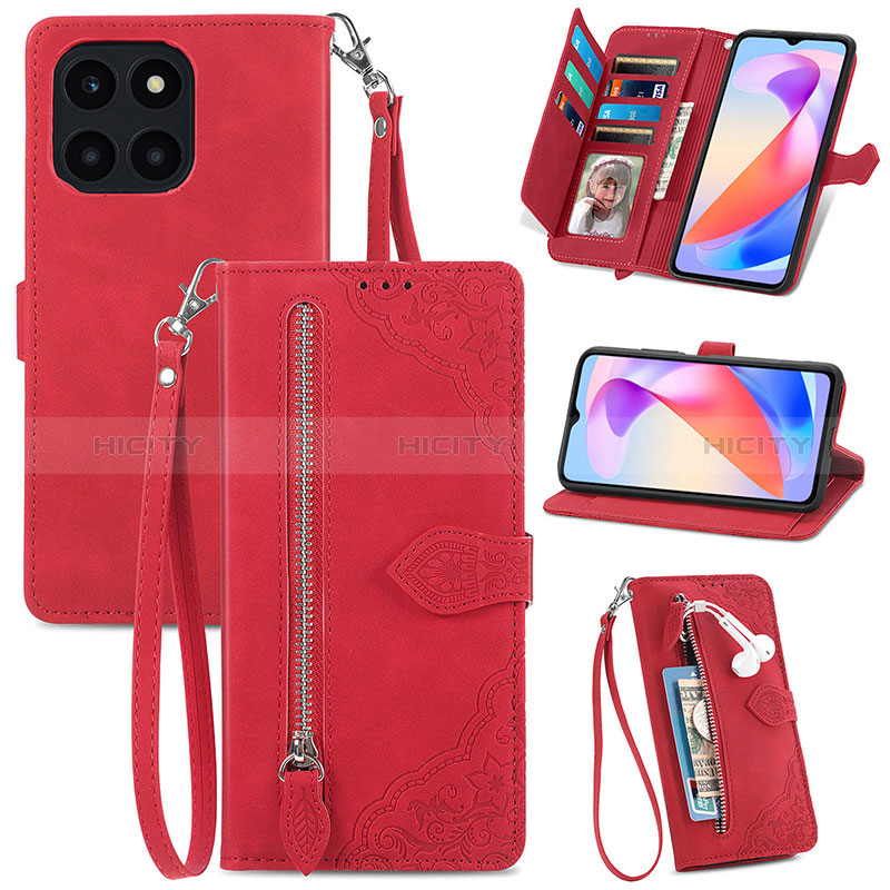 Funda de Cuero Cartera con Soporte Carcasa S06D para Huawei Honor X6a Rojo