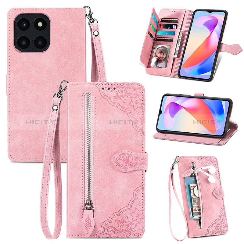 Funda de Cuero Cartera con Soporte Carcasa S06D para Huawei Honor X6a Rosa