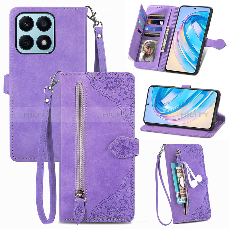 Funda de Cuero Cartera con Soporte Carcasa S06D para Huawei Honor X8a 4G Morado