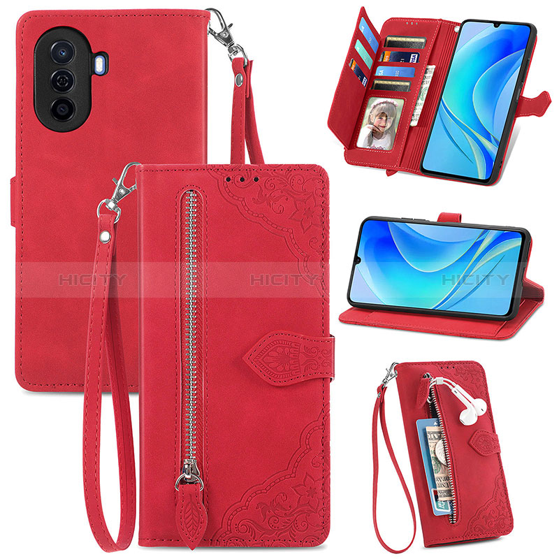 Funda de Cuero Cartera con Soporte Carcasa S06D para Huawei Nova Y70 Rojo