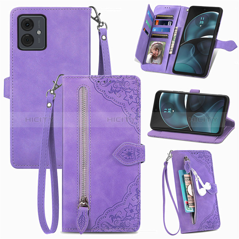 Funda de Cuero Cartera con Soporte Carcasa S06D para Motorola Moto G14 Morado