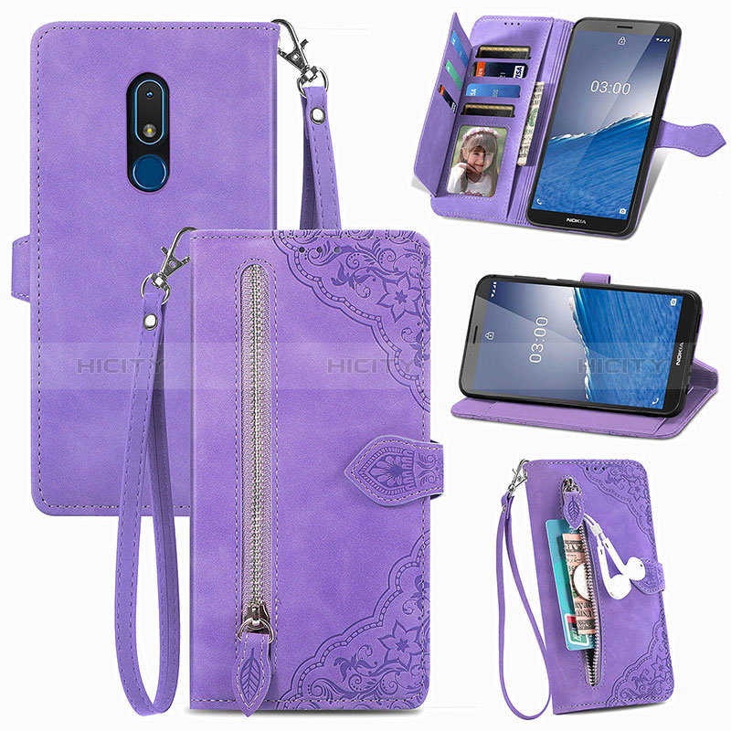 Funda de Cuero Cartera con Soporte Carcasa S06D para Nokia C3 Morado