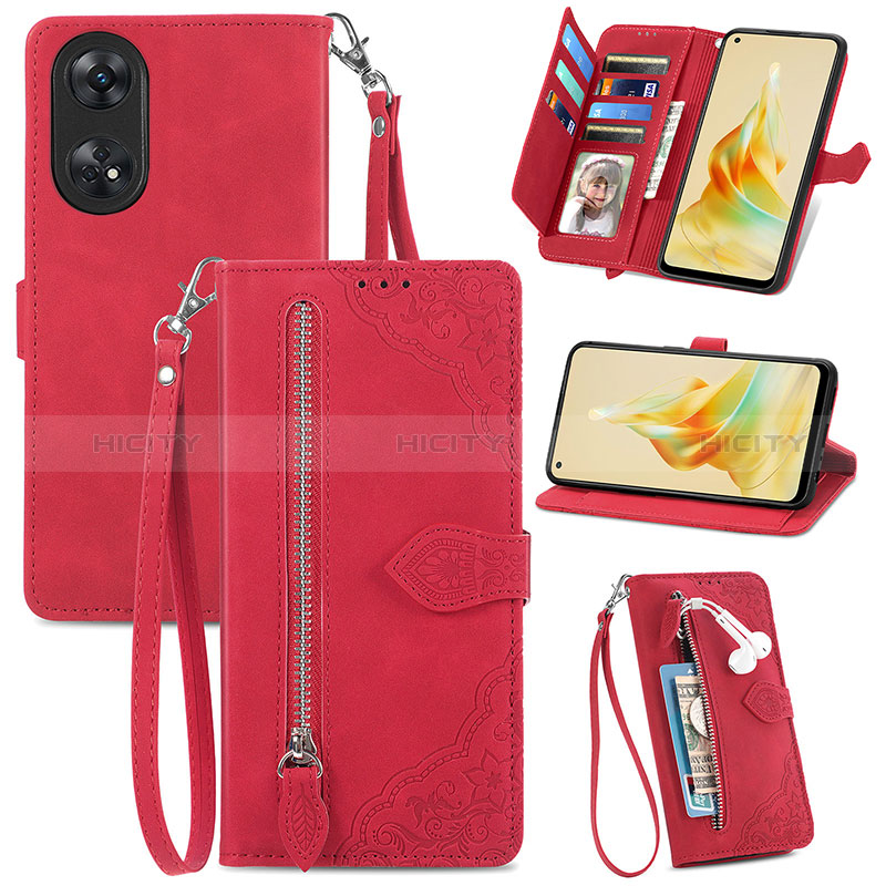 Funda de Cuero Cartera con Soporte Carcasa S06D para Oppo Reno8 T 4G Rojo