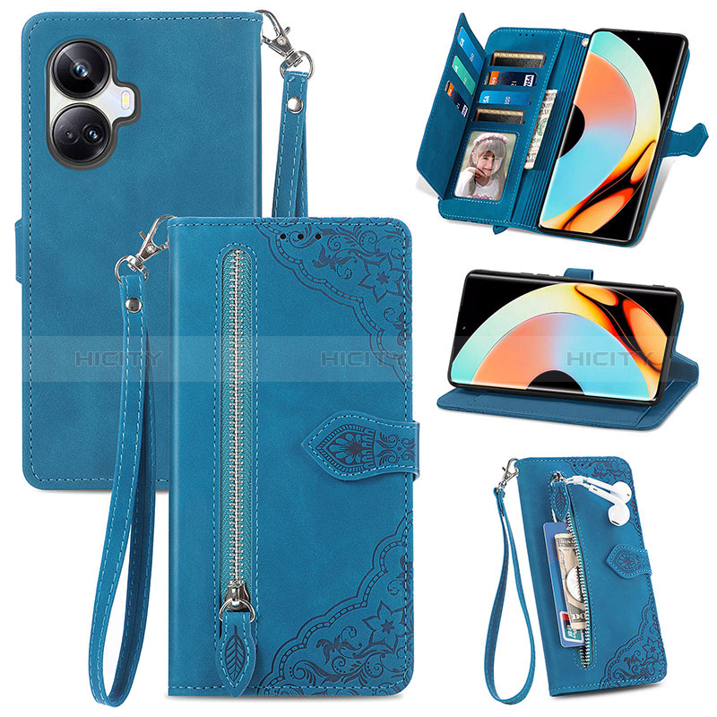 Funda de Cuero Cartera con Soporte Carcasa S06D para Realme 10 Pro+ Plus 5G Azul