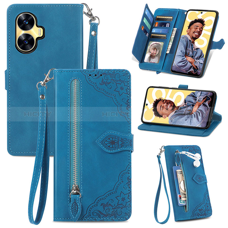 Funda de Cuero Cartera con Soporte Carcasa S06D para Realme C55 Azul