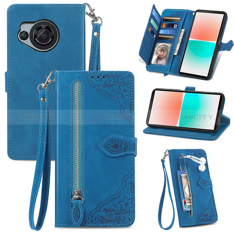 Funda de Cuero Cartera con Soporte Carcasa S06D para Sharp Aquos R8 Azul