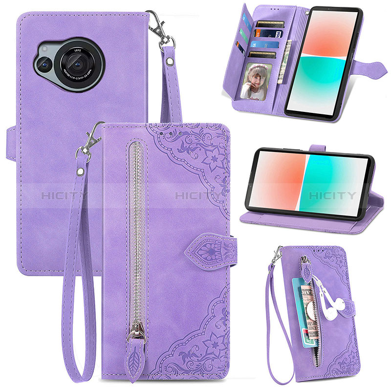 Funda de Cuero Cartera con Soporte Carcasa S06D para Sharp Aquos R8s Morado