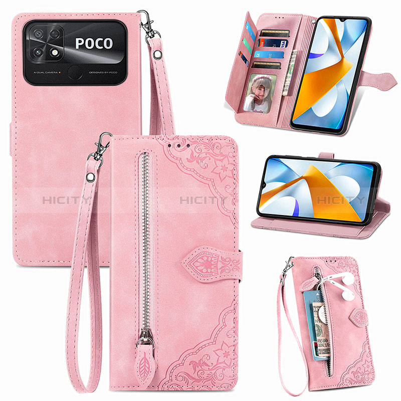 Funda de Cuero Cartera con Soporte Carcasa S06D para Xiaomi Poco C40 Rosa