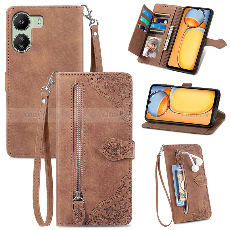 Funda de Cuero Cartera con Soporte Carcasa S06D para Xiaomi Poco C65 Marron