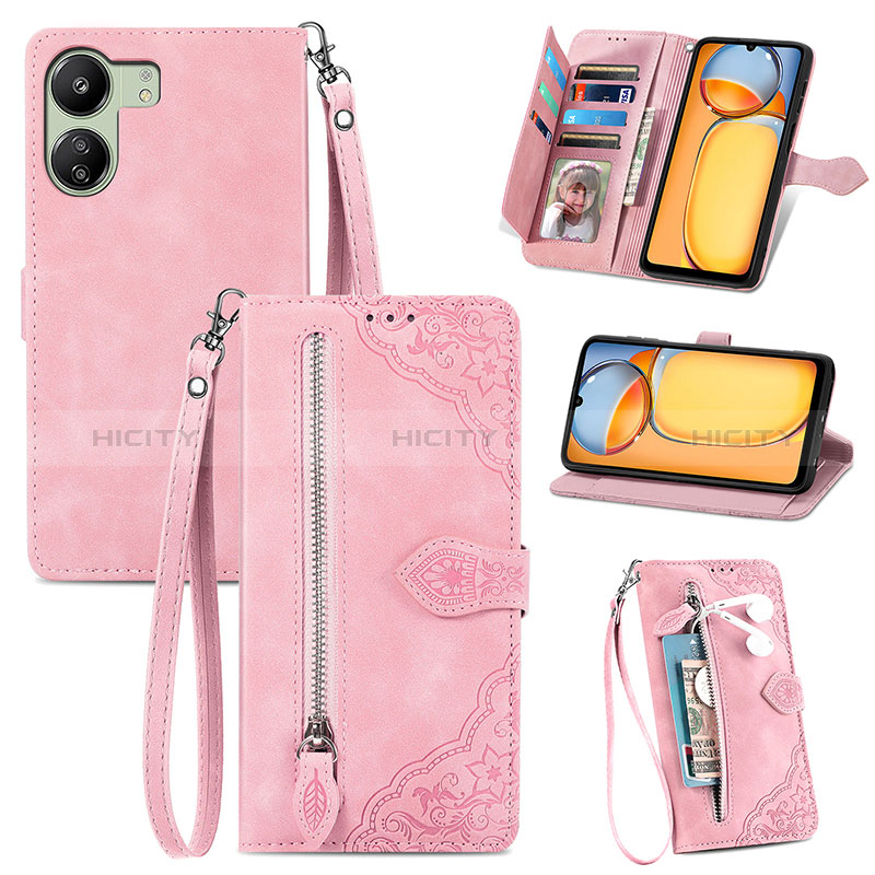 Funda de Cuero Cartera con Soporte Carcasa S06D para Xiaomi Poco C65 Rosa