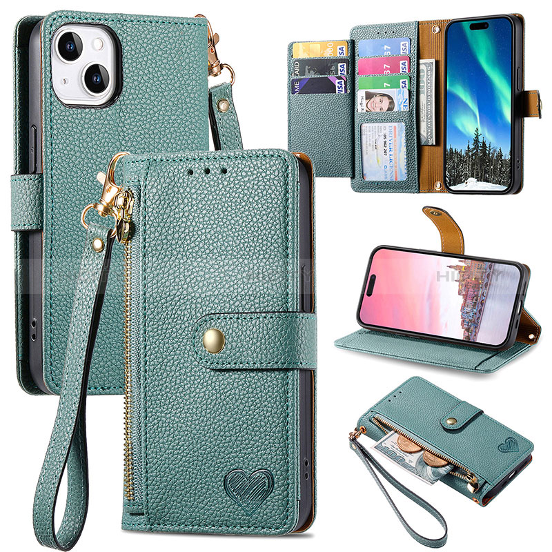 Funda de Cuero Cartera con Soporte Carcasa S07D para Apple iPhone 13 Verde