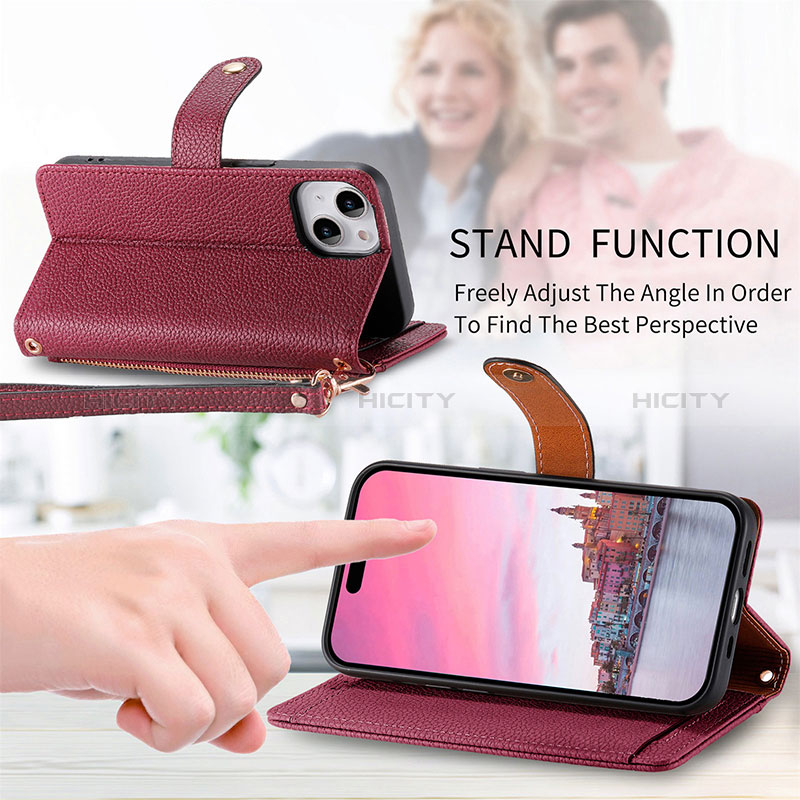 Funda de Cuero Cartera con Soporte Carcasa S07D para Apple iPhone 15