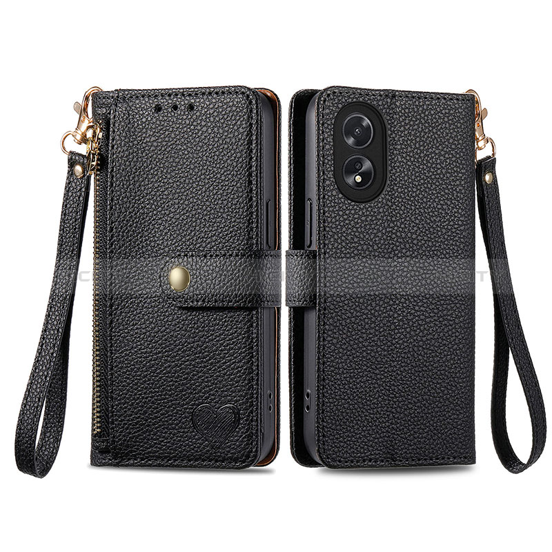 Funda de Cuero Cartera con Soporte Carcasa S15D para Oppo A18 Negro