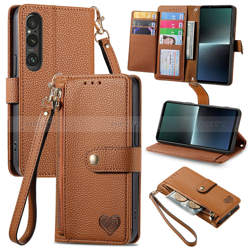 Funda de Cuero Cartera con Soporte Carcasa S15D para Sony Xperia 1 V Marron