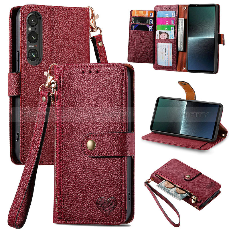 Funda de Cuero Cartera con Soporte Carcasa S15D para Sony Xperia 1 V Rojo