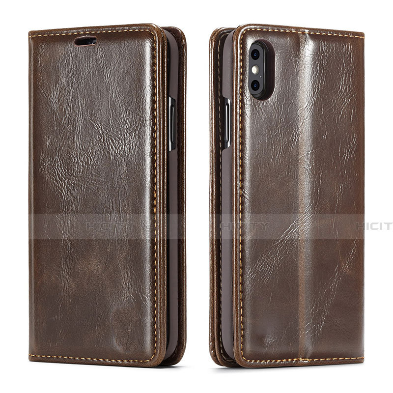 Funda de Cuero Cartera con Soporte Carcasa T01 para Apple iPhone X Marron