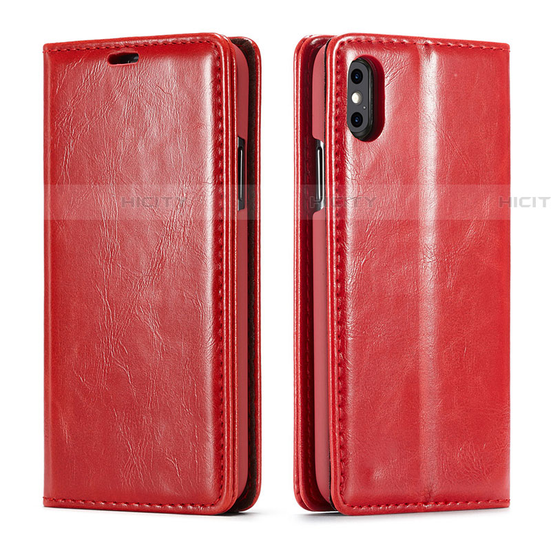 Funda de Cuero Cartera con Soporte Carcasa T01 para Apple iPhone Xs Rojo