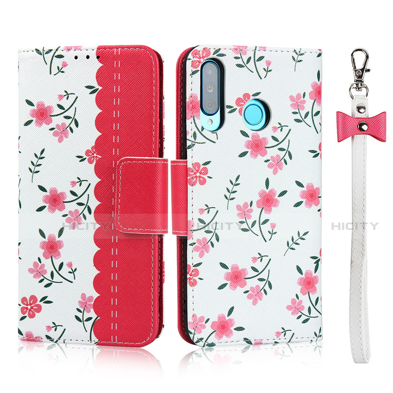 Funda de Cuero Cartera con Soporte Carcasa T10 para Huawei Nova 4e Rojo