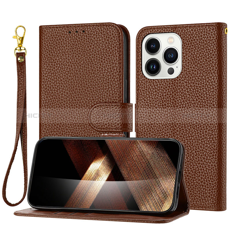 Funda de Cuero Cartera con Soporte Carcasa Y09X para Apple iPhone 16 Pro Max Marron