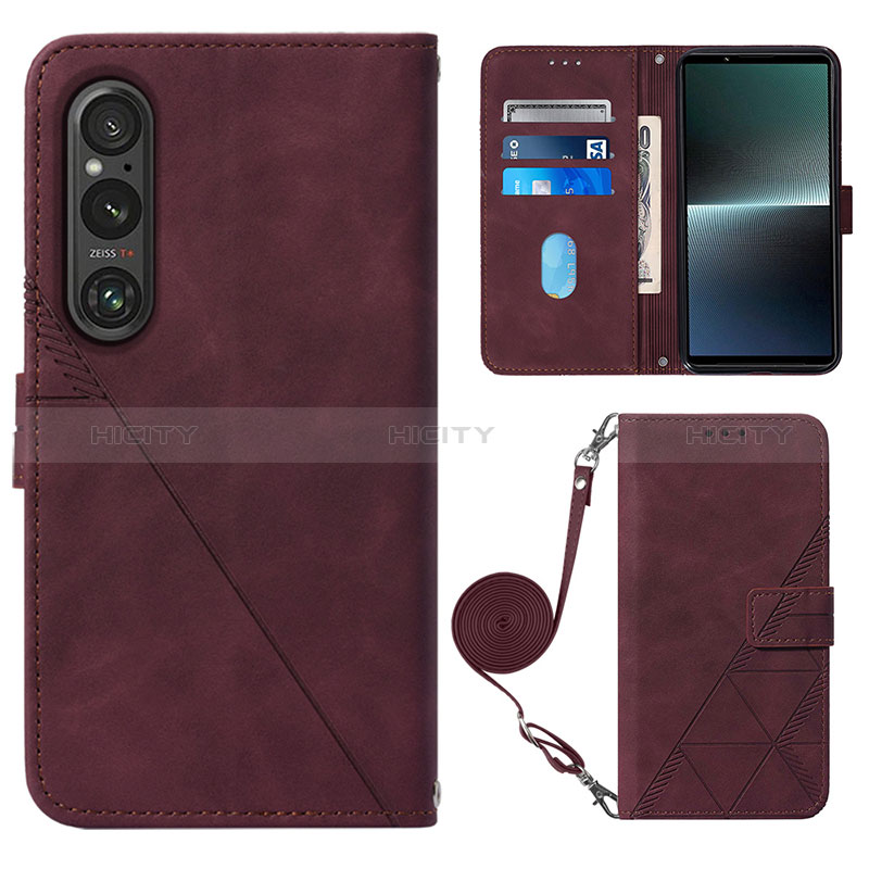 Funda de Cuero Cartera con Soporte Carcasa YB1 para Sony Xperia 1 V Rojo