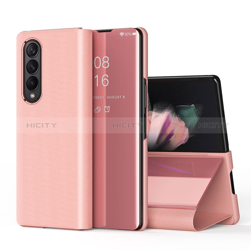 Funda de Cuero Cartera con Soporte Espejo Carcasa L01 para Samsung Galaxy Z Fold3 5G Oro Rosa