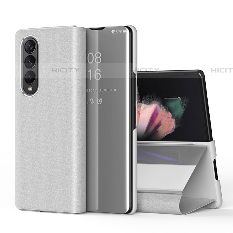 Funda de Cuero Cartera con Soporte Espejo Carcasa L01 para Samsung Galaxy Z Fold4 5G Plata