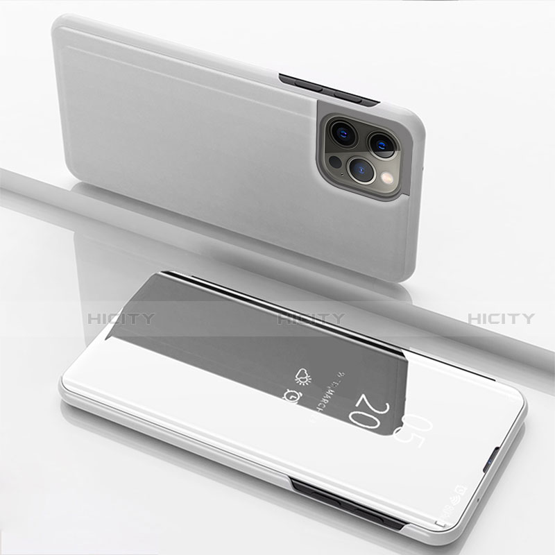 Funda de Cuero Cartera con Soporte Espejo Carcasa para Apple iPhone 15 Pro Plata