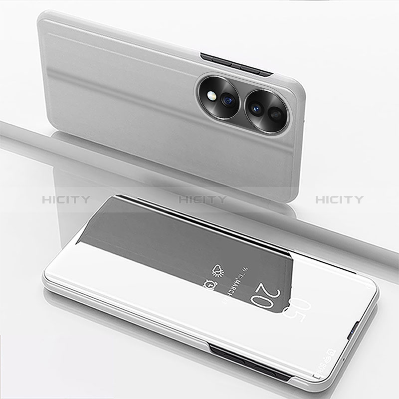 Funda de Cuero Cartera con Soporte Espejo Carcasa para Huawei Honor 70 5G Plata