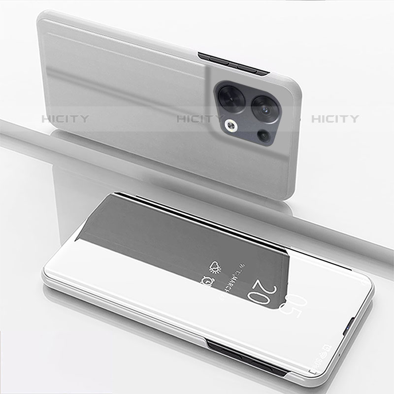 Funda de Cuero Cartera con Soporte Espejo Carcasa para Oppo Reno8 Pro 5G Plata