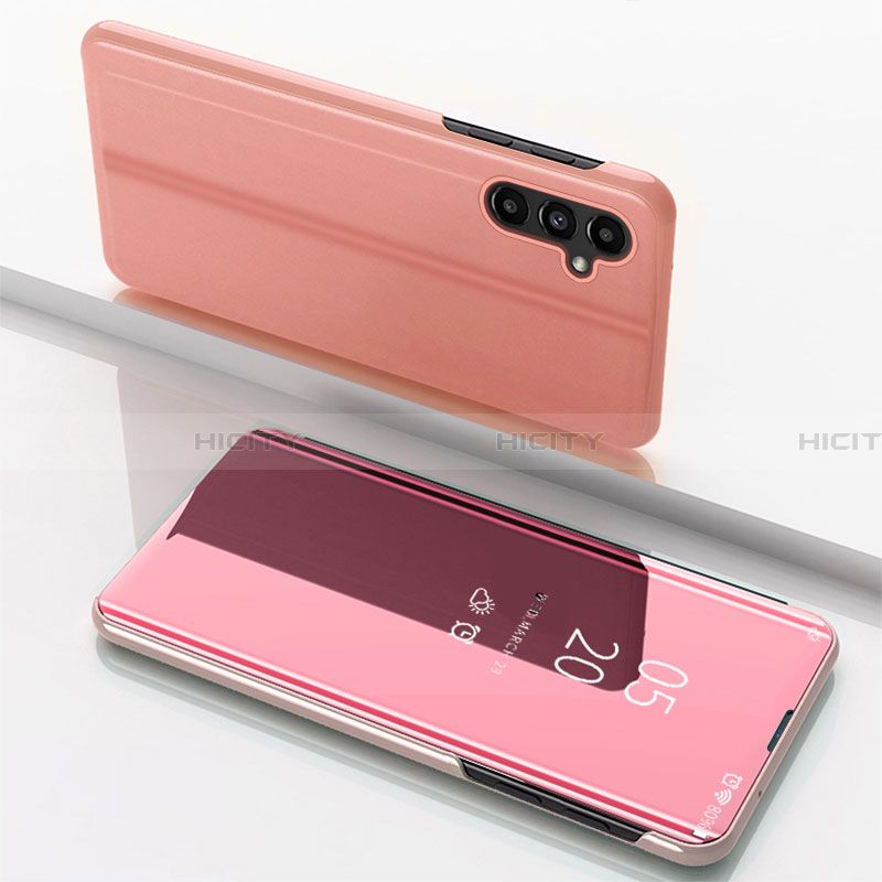 Funda de Cuero Cartera con Soporte Espejo Carcasa para Samsung Galaxy A14 4G Oro Rosa