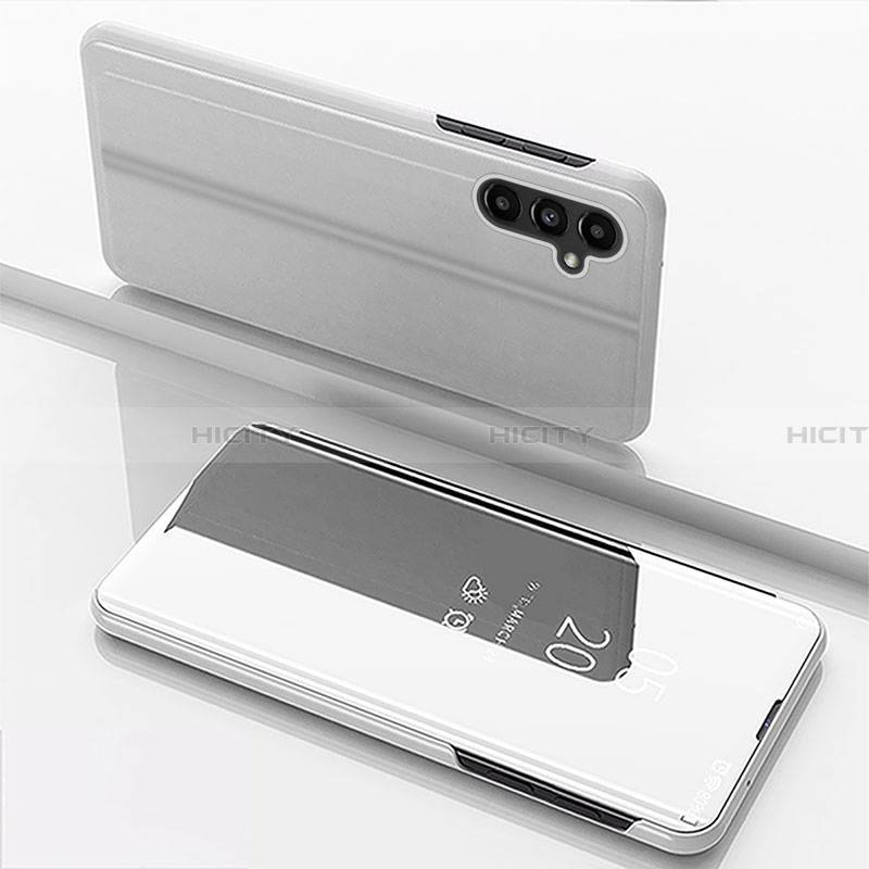 Funda de Cuero Cartera con Soporte Espejo Carcasa para Samsung Galaxy A14 4G Plata