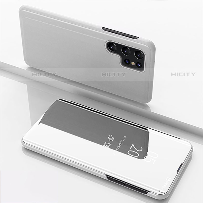 Funda de Cuero Cartera con Soporte Espejo Carcasa para Samsung Galaxy S22 Ultra 5G Plata