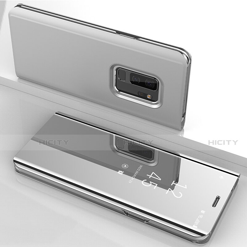 Funda de Cuero Cartera con Soporte Espejo Carcasa para Samsung Galaxy S9 Plus Plata