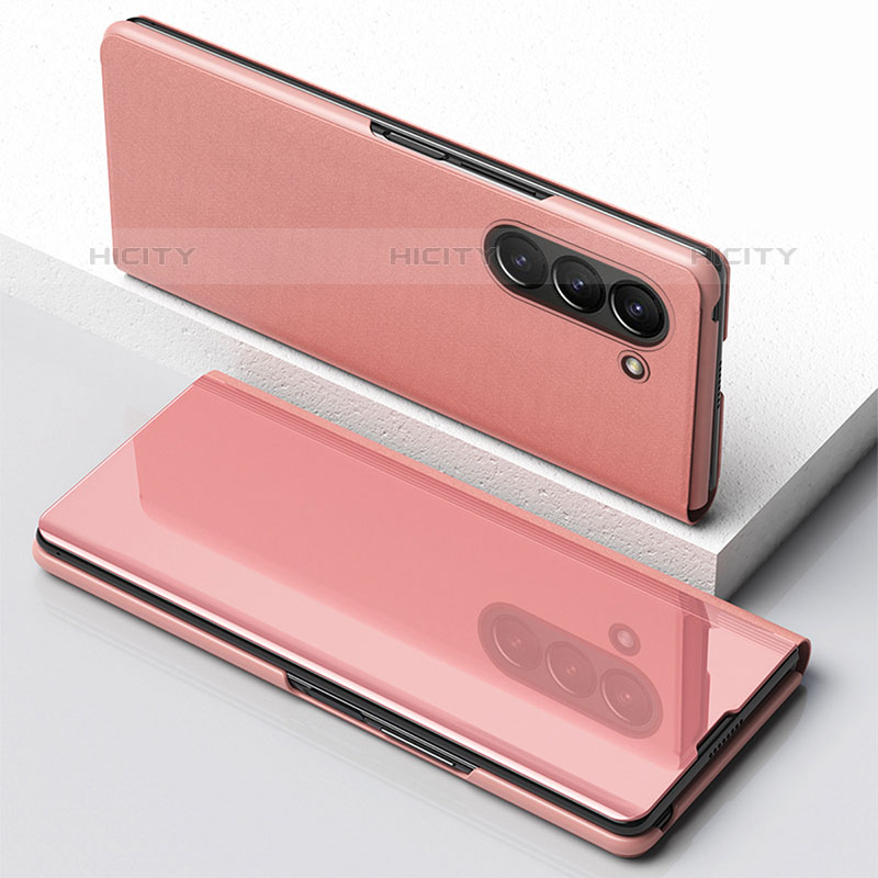 Funda de Cuero Cartera con Soporte Espejo Carcasa para Samsung Galaxy Z Fold5 5G Oro Rosa