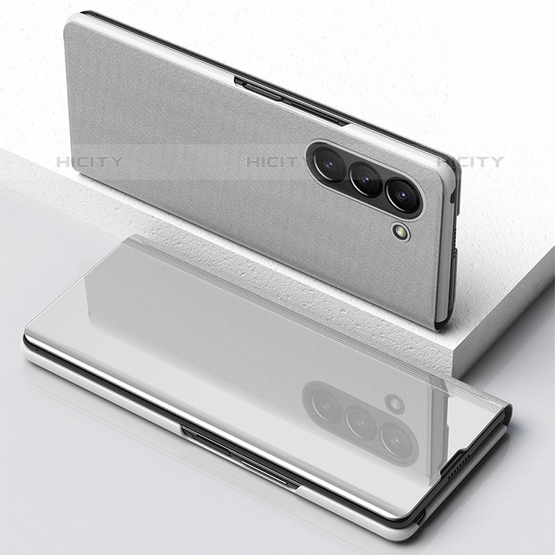 Funda de Cuero Cartera con Soporte Espejo Carcasa para Samsung Galaxy Z Fold5 5G Plata