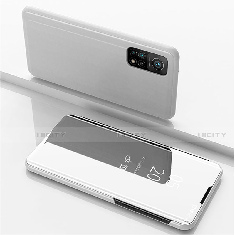 Funda de Cuero Cartera con Soporte Espejo Carcasa para Xiaomi Mi 10T 5G Plata