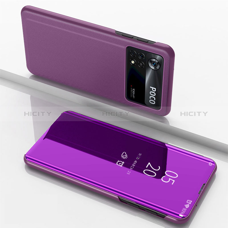 Funda de Cuero Cartera con Soporte Espejo Carcasa para Xiaomi Poco M4 Pro 4G Morado