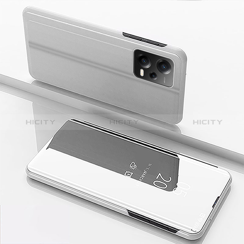 Funda de Cuero Cartera con Soporte Espejo Carcasa para Xiaomi Redmi Note 12 5G Plata