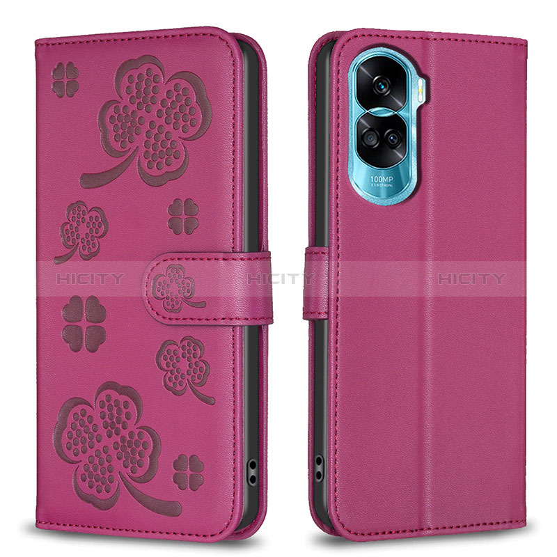 Funda de Cuero Cartera con Soporte Flores Carcasa BF1 para Huawei Honor 90 Lite 5G Rosa Roja