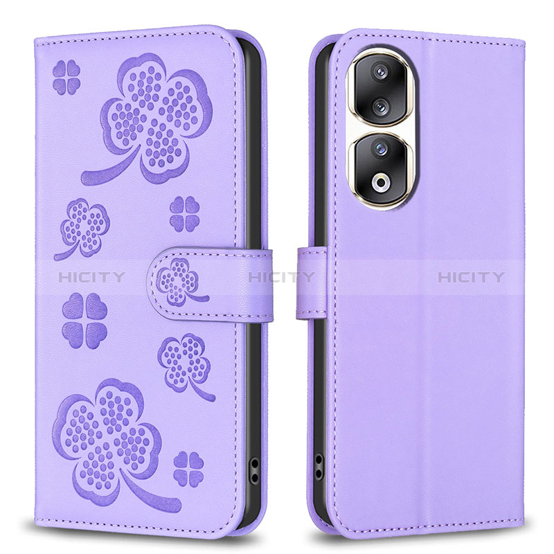 Funda de Cuero Cartera con Soporte Flores Carcasa BF1 para Huawei Honor 90 Pro 5G Morado