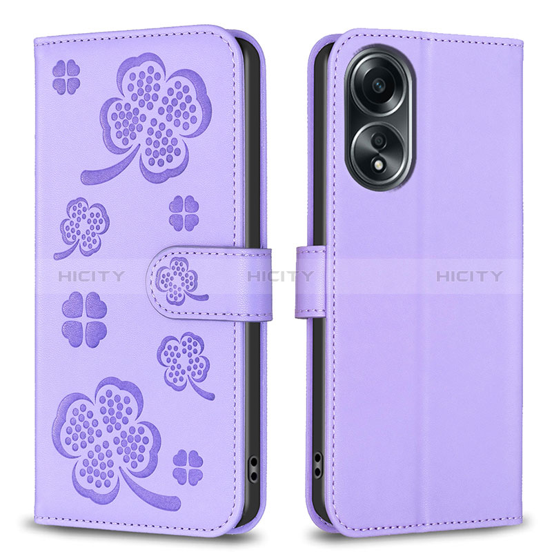 Funda de Cuero Cartera con Soporte Flores Carcasa BF1 para Oppo A38 Morado