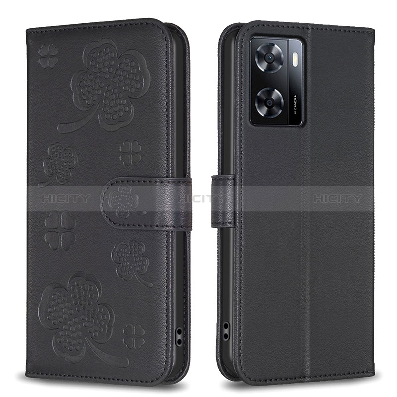 Funda de Cuero Cartera con Soporte Flores Carcasa BF1 para Oppo A57 4G Negro