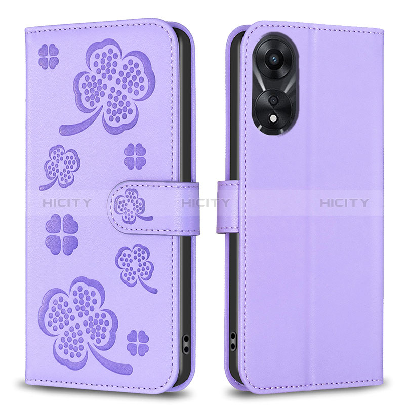 Funda de Cuero Cartera con Soporte Flores Carcasa BF1 para Oppo A58 5G Morado